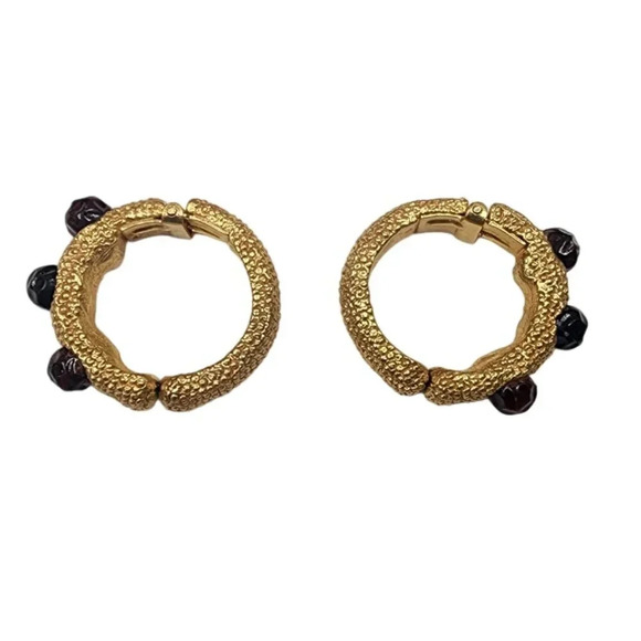 Vintage Textured Beaded Hoop Earrings Gold Tone - Picture 2 of 2
